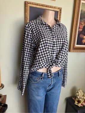 J. Crew Black White Gingham Tie-Front Button-Up Top Size XL Country Cowgirl